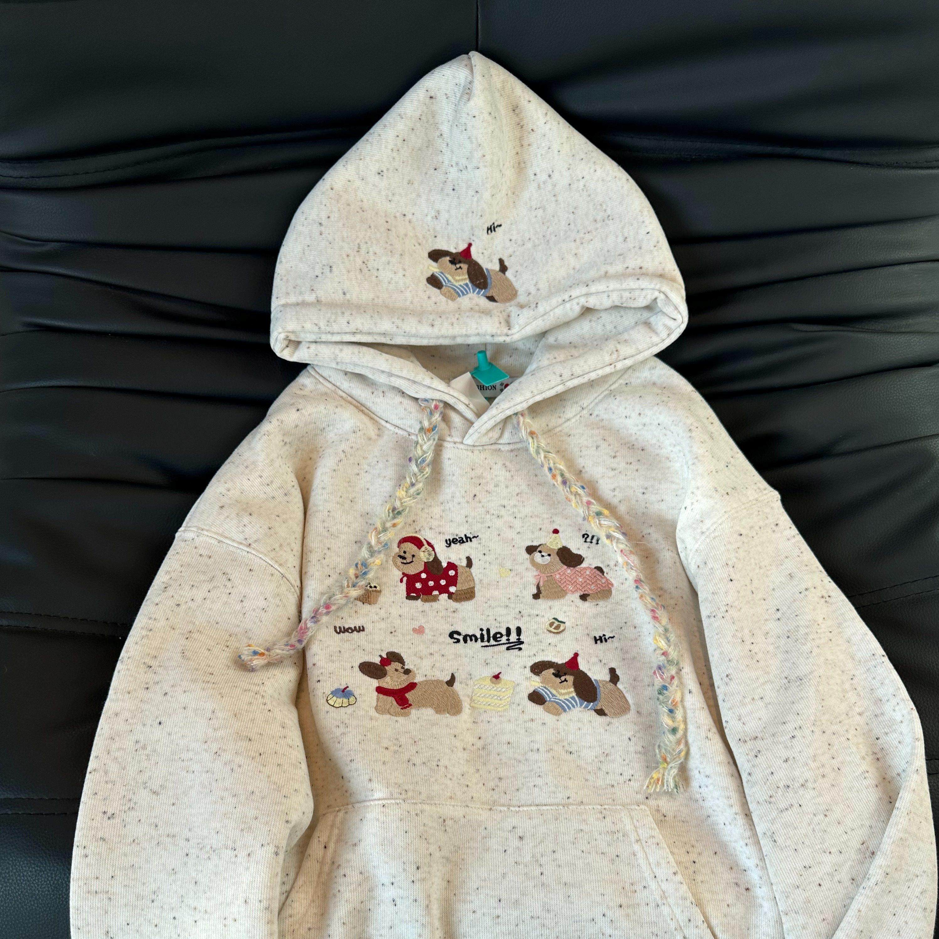 韩系冬季加绒重磅可爱彩点卡通重工刺绣连帽卫衣女减龄慵懒风卫衣