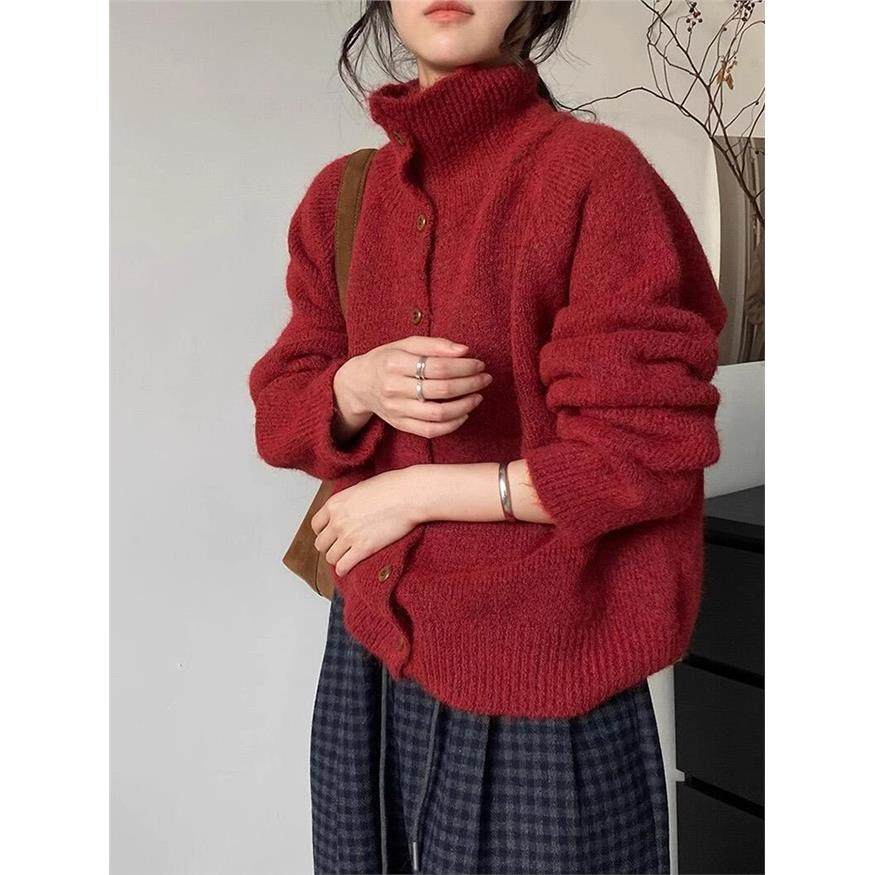 高级感超好看新年红色高领毛衣外套女秋冬慵懒风宽松针织开衫上衣