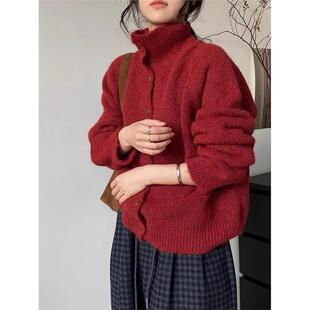 高级感超好看新年红色高领毛衣外套女秋冬慵懒风宽松针织开衫上衣