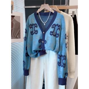 提花毛衣开衫女2025秋季新款V领金丝针织衫宽松洋气减龄外套上衣