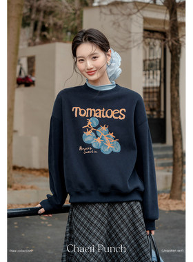 枝冉卷藏蓝西红柿印花无帽圆领加厚加绒卫衣女秋冬内搭短款小个子