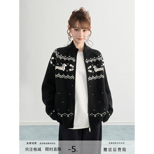 ARCG 费尔岛黑色立领毛衣开衫女秋冬加厚提花半高领针织外套冬季