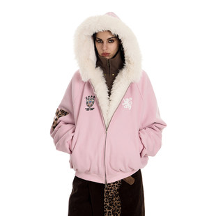 0123start 粉色座山雕棉服外套女宽松美式豹纹加绒加厚连帽卫衣冬