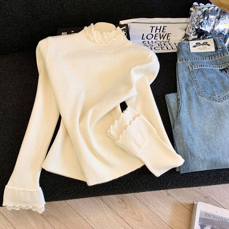 自留款推荐~木耳花边半高领长袖打底衫女秋冬新款温柔风内搭毛衣