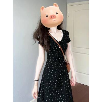 法国茶破黑色v领碎花女装2025年夏季新款高端修身长裙