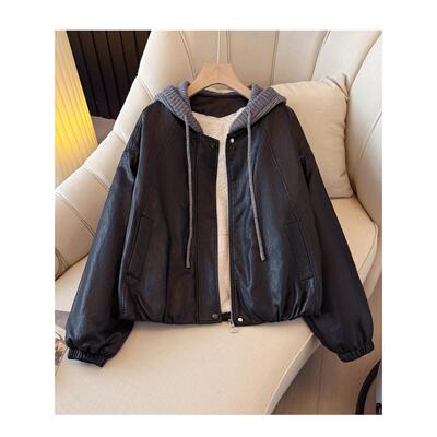 黑色连帽拼接pu皮衣加绒
