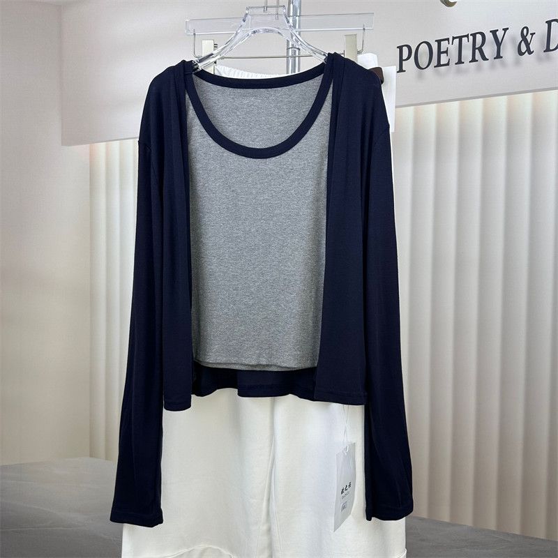 秋季新款韩系慵懒风撞色百搭吊带叠穿长袖短外套时髦气质两件套女