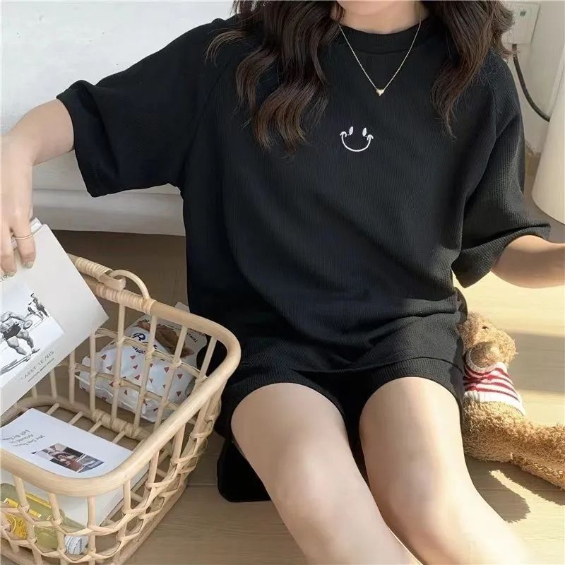 睡衣女夏季薄款短袖短裤宽松可爱学生两件套装简约可外穿家居服