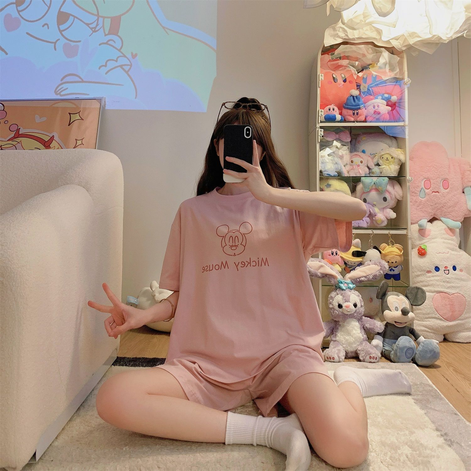 莫代尔睡衣夏季短袖宽松大码米老鼠两件套短裤少女可爱家居服套装