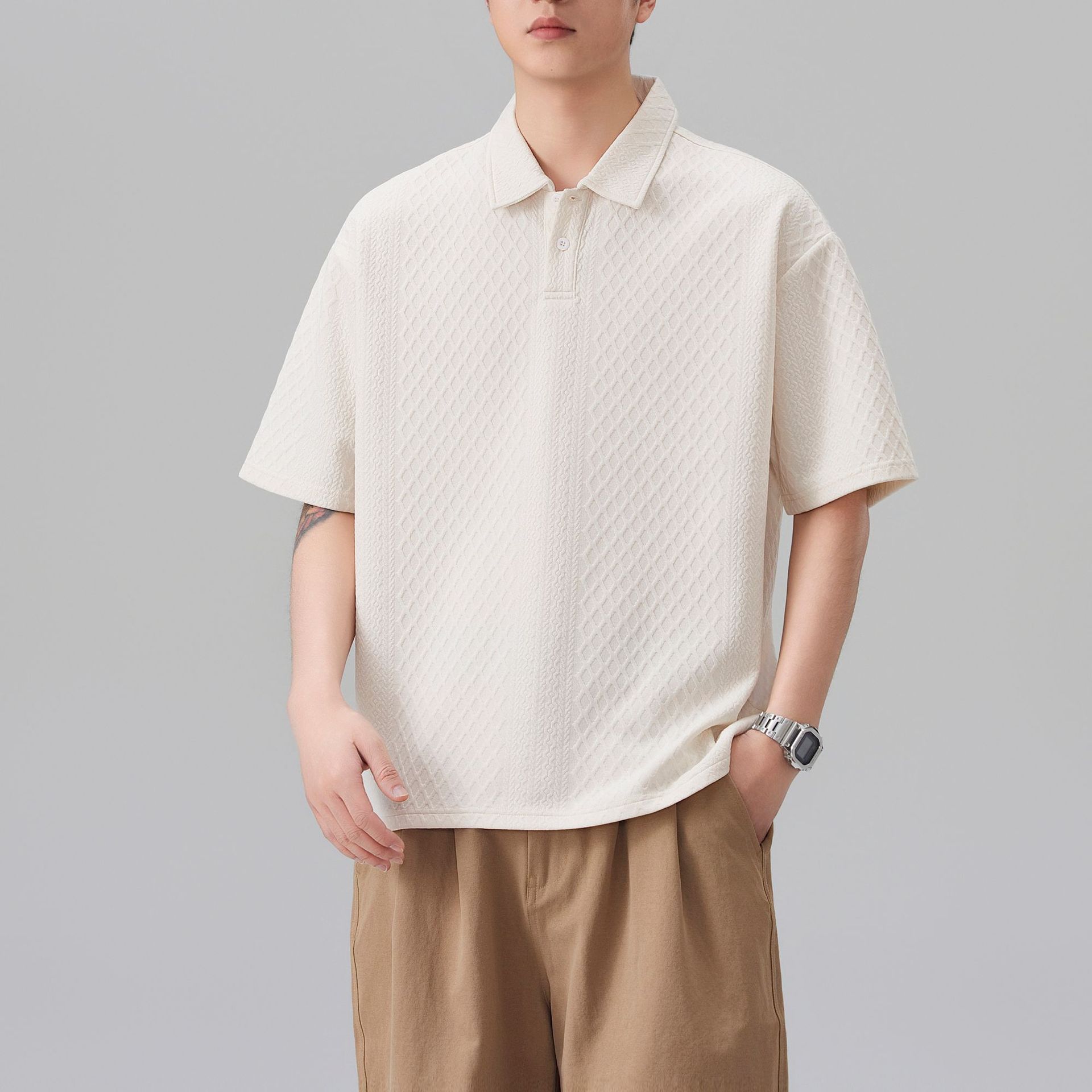 青绒 Chinron∣时尚提花短袖POLO衫男款夏季纯色宽松休闲翻领上衣