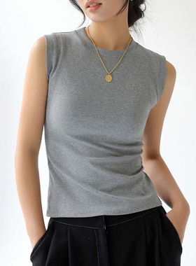 欧阳禧巨好看女士纯棉内搭打底圆领灰色无袖背心可外穿遮副乳上衣