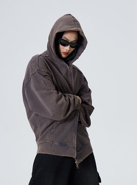 Space Axis设计感做旧慵懒卫衣冬美式开衫连帽休闲oversize上衣女