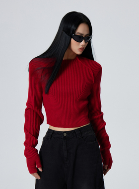 Space Axis美式秋冬慵懒风软糯针织衫宽松圆领垫肩套头圆领毛衣女