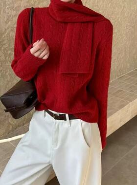 JillZoo自制 复古圆领套头毛衣宽松麻花针织衫带围巾