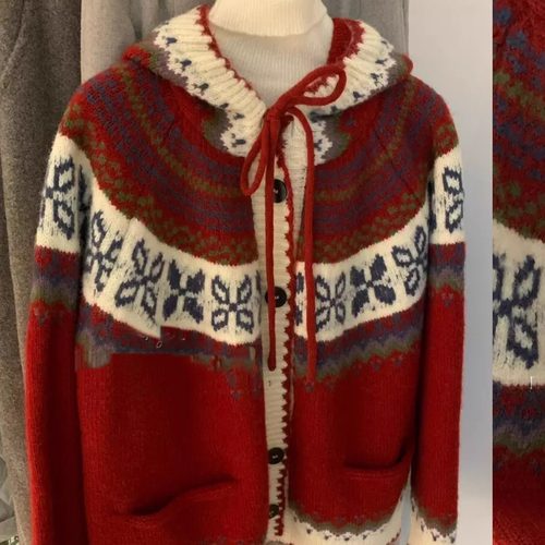 JillZoo自制  圣诞新年氛围感红色费尔岛连帽宽松毛衣外套