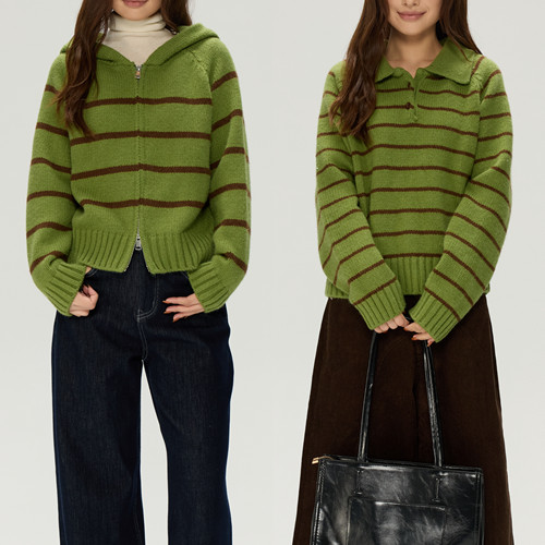 JillZoo自制  复古简约撞色拉链条纹宽松毛衣（套头/开衫）