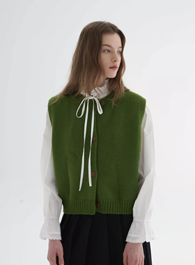 JillZoo自制 复古绿早春羊毛混纺马甲针织开衫