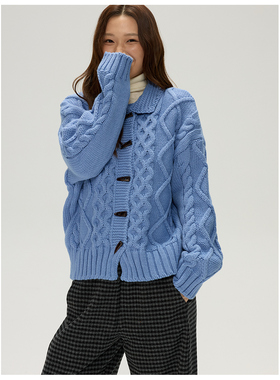 JillZoo自制复古翻领麻花牛角扣宽松针织毛衣外套