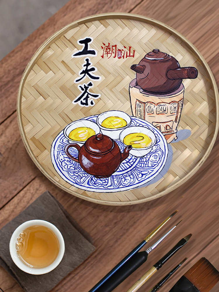 手绘竹筛簸箕潮汕美食工艺画装饰圆形挂件饭店农家庄院墙新中式图片