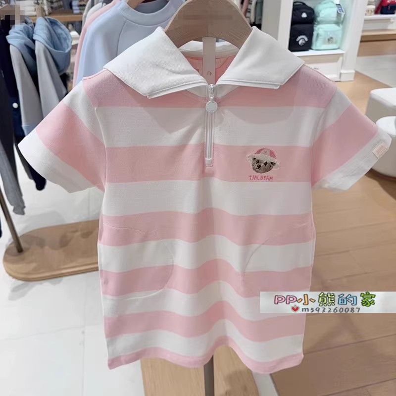 25夏季新款女童短袖连衣裙中大童小熊翻领条纹卫衣裙