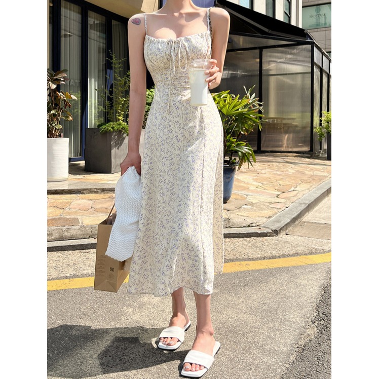 MICOCO！韩国东大门ins 碎花抹胸收腰吊带背心连衣裙长裙