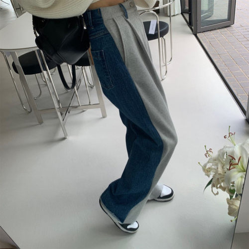 MICOCO！新款腿长两米八~拼接牛仔布松紧腰休闲裤