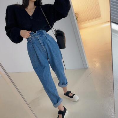 侧边系扣松紧设计感东大门牛仔裤