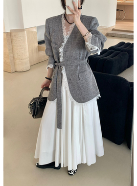 Ademe新款韩系高级感蕾丝拼接小香风外套西装(配腰绳)OT71628