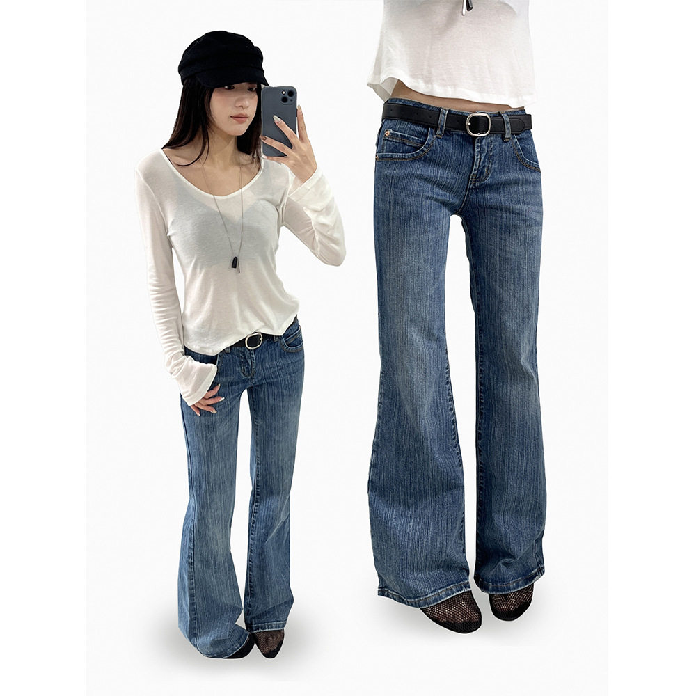 Ademe新款2026春季复古低腰微喇牛仔裤纹理感喇叭休闲裤女cx0279