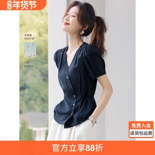 沫晗依美复古设计感泡泡袖收腰系带短袖衬衫2025夏季新款修身衬衫