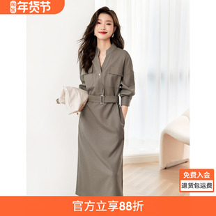 沫晗依美气质通勤裙子2025年春季新款V领收腰显瘦衬衫连衣裙女士