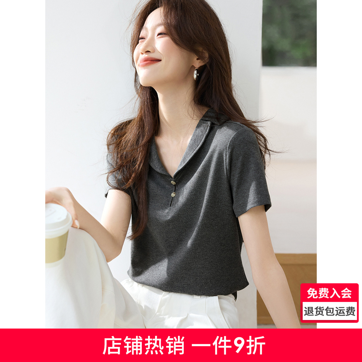 沫晗依美百搭小众设计感翻领短袖收腰显瘦衬衣2025夏季新款衬衫女
