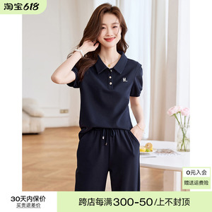 沫晗依美休闲潮流POLOT恤裤套装2024夏新款休闲百搭显瘦时尚套装