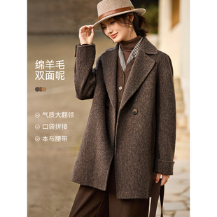 沫晗依美2023冬季新款西装翻领手工双面呢大衣休闲系腰羊毛大衣女