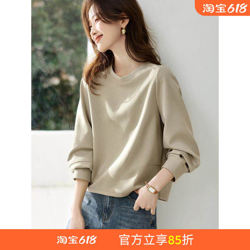 沫晗依美时尚休闲圆领上衣新款女士圆领长袖卫衣无帽减龄春装女