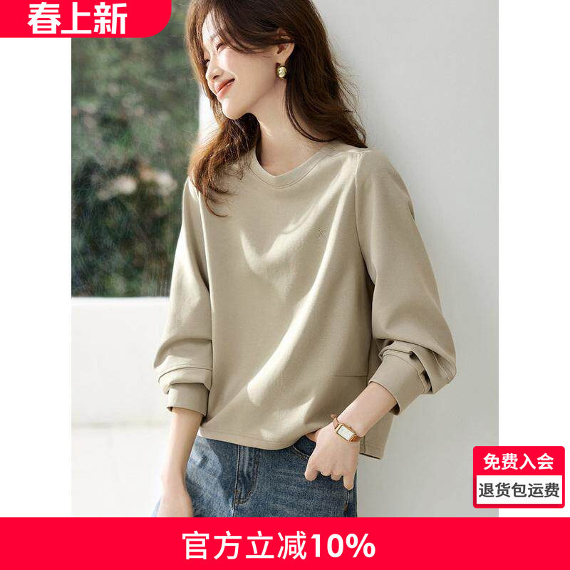 沫晗依美时尚松弛感休闲圆领上衣2026新款女士圆领长袖卫衣无帽女