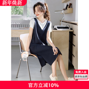 沫晗依美通勤简约撞色拼接假两件裙子25夏季 设计感显瘦连衣裙 新款