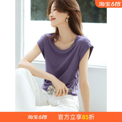 沫晗依美休闲简约掐腰褶皱小飞袖女T恤2026夏季新款设计感女T恤