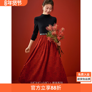 沫晗依美新年战袍裙子2026春季新中式提花高级感拼接显瘦连衣裙女