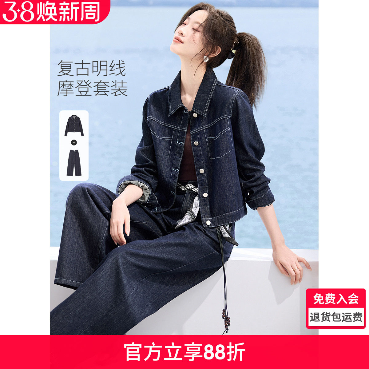 沫晗依美复古摩登2026春季新款短款夹克外套阔腿裤女牛仔时尚套装