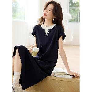 沫晗依美休闲户外撞色拼接连袖连衣裙2026夏季新款休闲百搭连衣裙