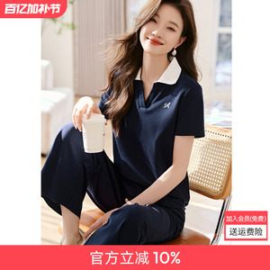 沫晗依美休闲时尚感套装2025年夏季新款翻领T恤+短裤两件套套装女
