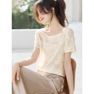 沫晗依美夏日光影唯美优雅小衫2025夏季新款流苏肌理料透气衬衫女