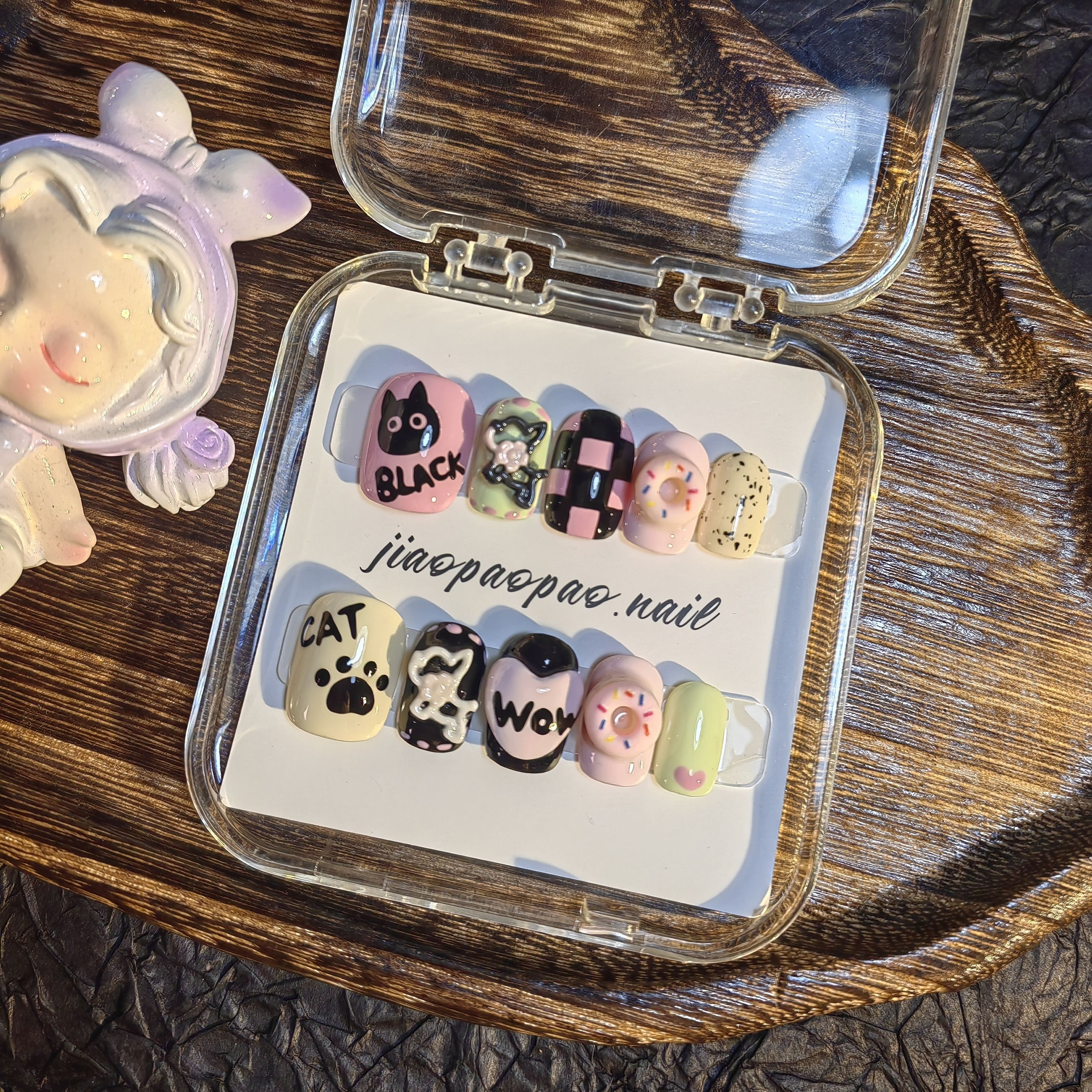 纯手工穿戴甲卡通小猫短款