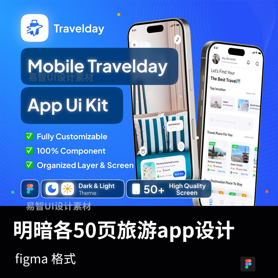 明暗各50页旅游app设计figma格式(带交互和用户流程图)