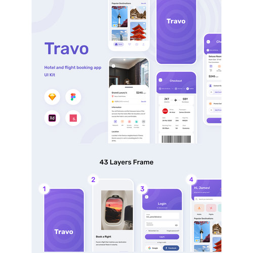 43页旅行，航班和酒店APP设计Figma、Sketch 、 XD、studio格式