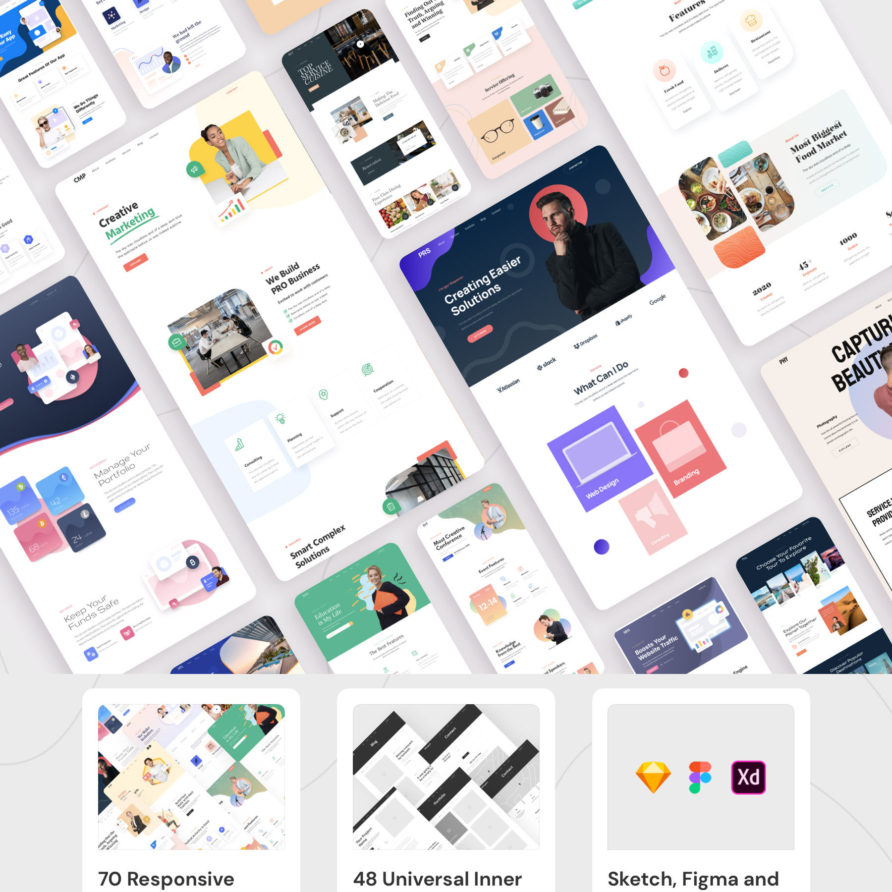 70个响应式网站+48个内页线框UI合集sketch,xd,figma格式