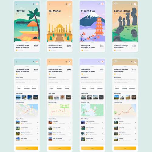25页东南亚风，插画风旅游app UI资源Figma、Sketch、AI源文件