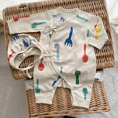 斜襟系带连体衣纯棉春秋