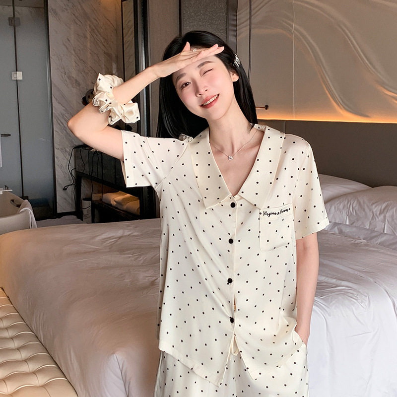 法式牛奶真丝波点短袖家居服套装